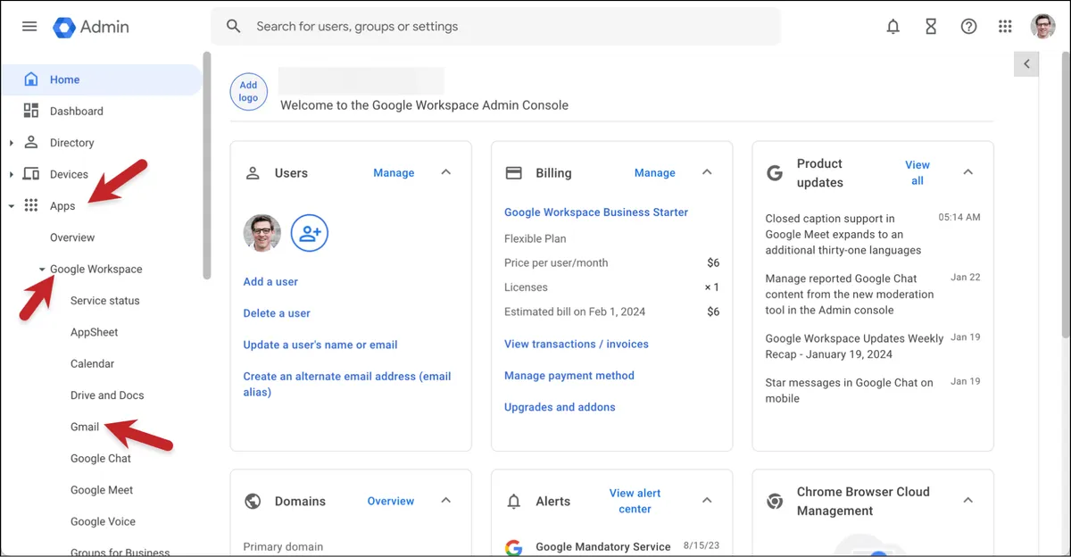 Where to find the Gmail settings in Google Admin