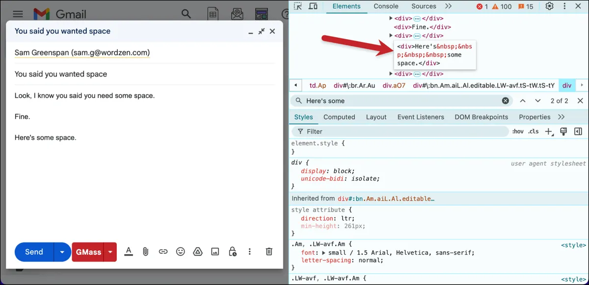 Adding my HTML spaces to Gmail inside the inspect console