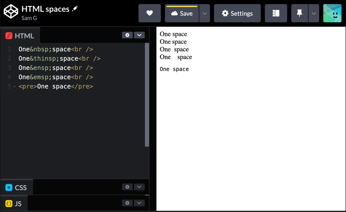 All of the HTML space options together