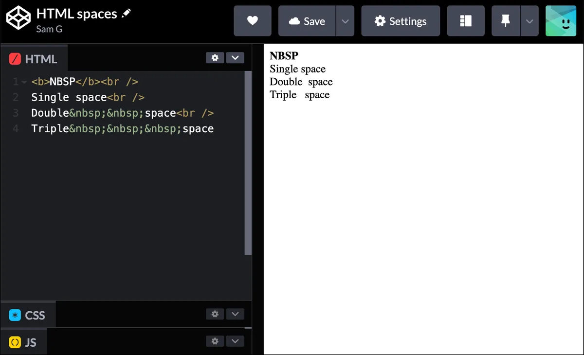Using nbsp for a HTML space