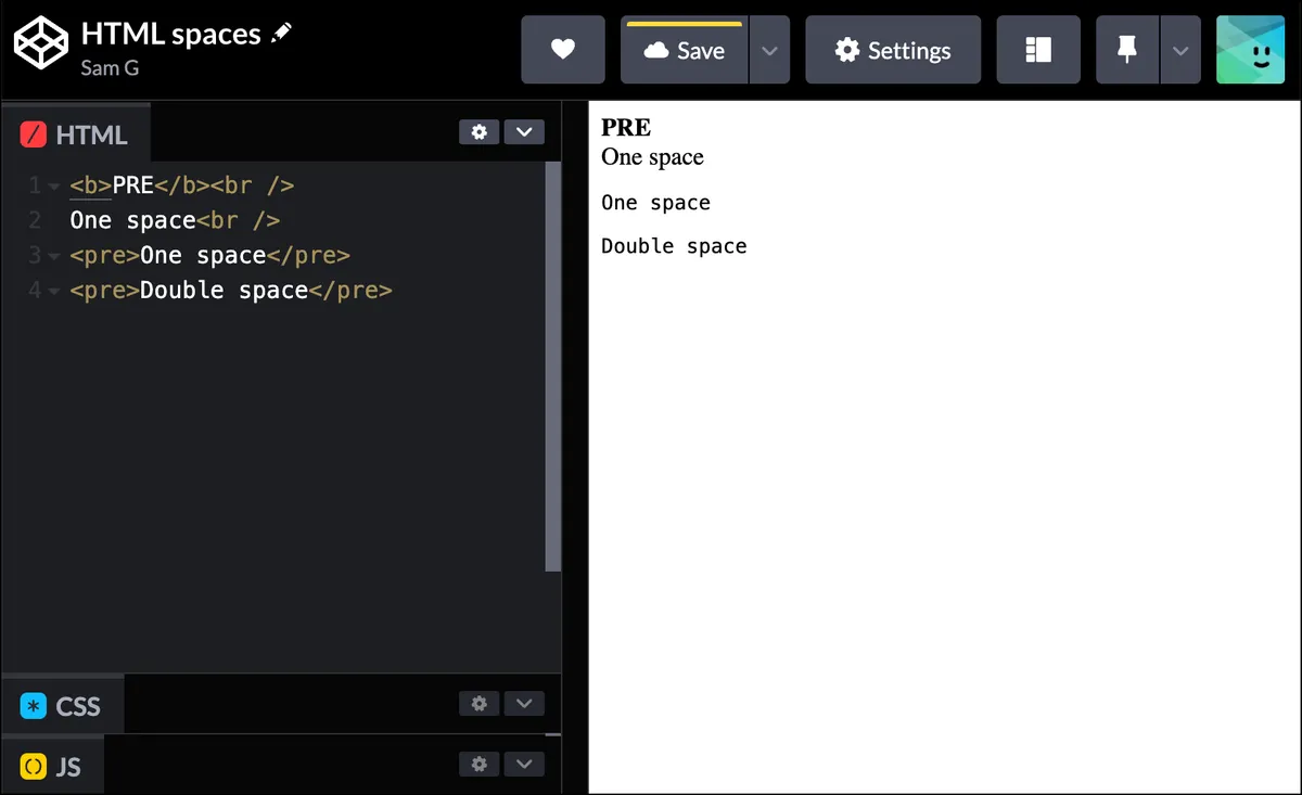 Using preformatted text for spaces