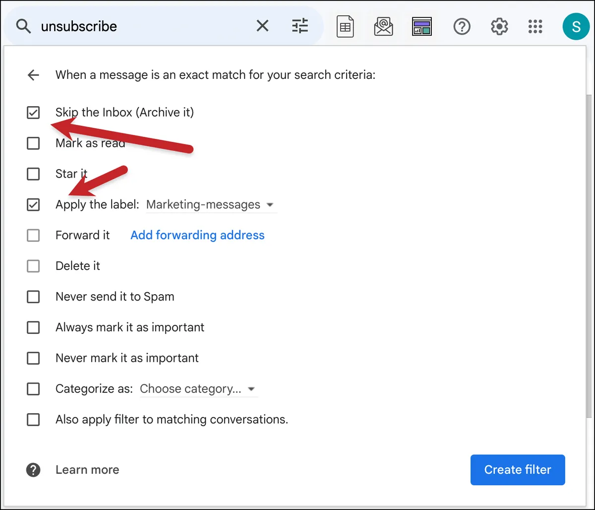 Settings for your filter and label