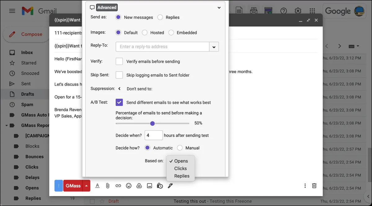 A/B testing in GMass