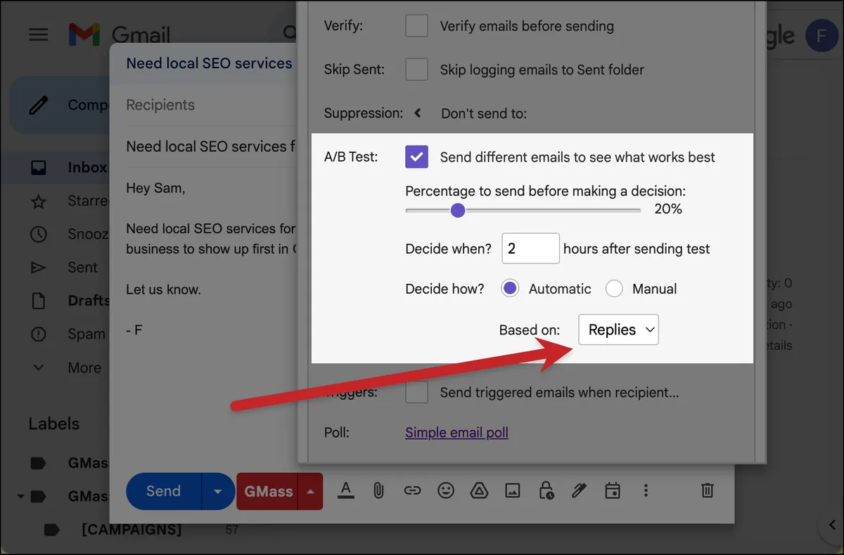 Good for A/B tests that measure by replies