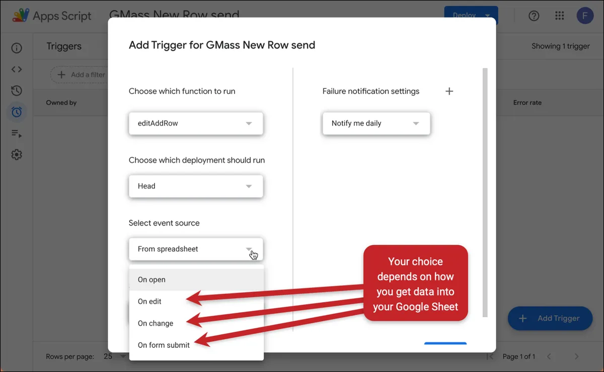 Choose the right method based on how you're adding rows to your Google Sheet