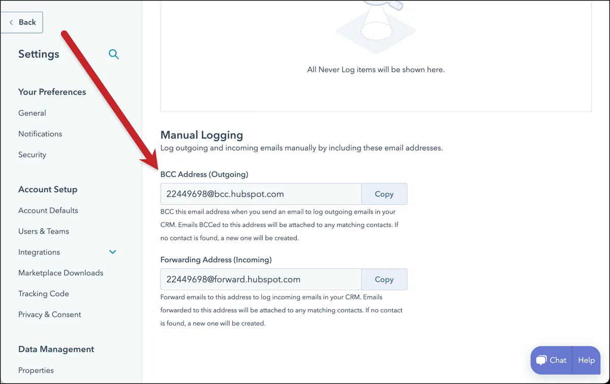 Your BCC address in Hubspot