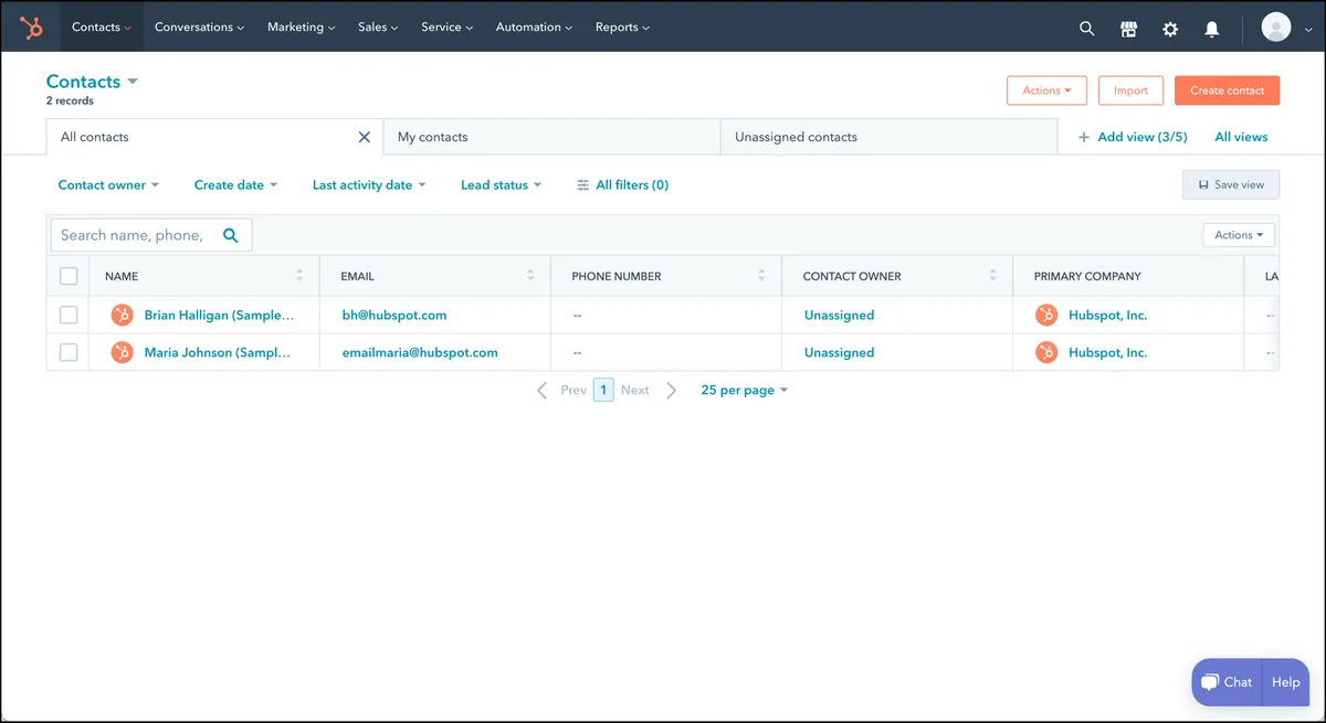 Hubspot contacts page