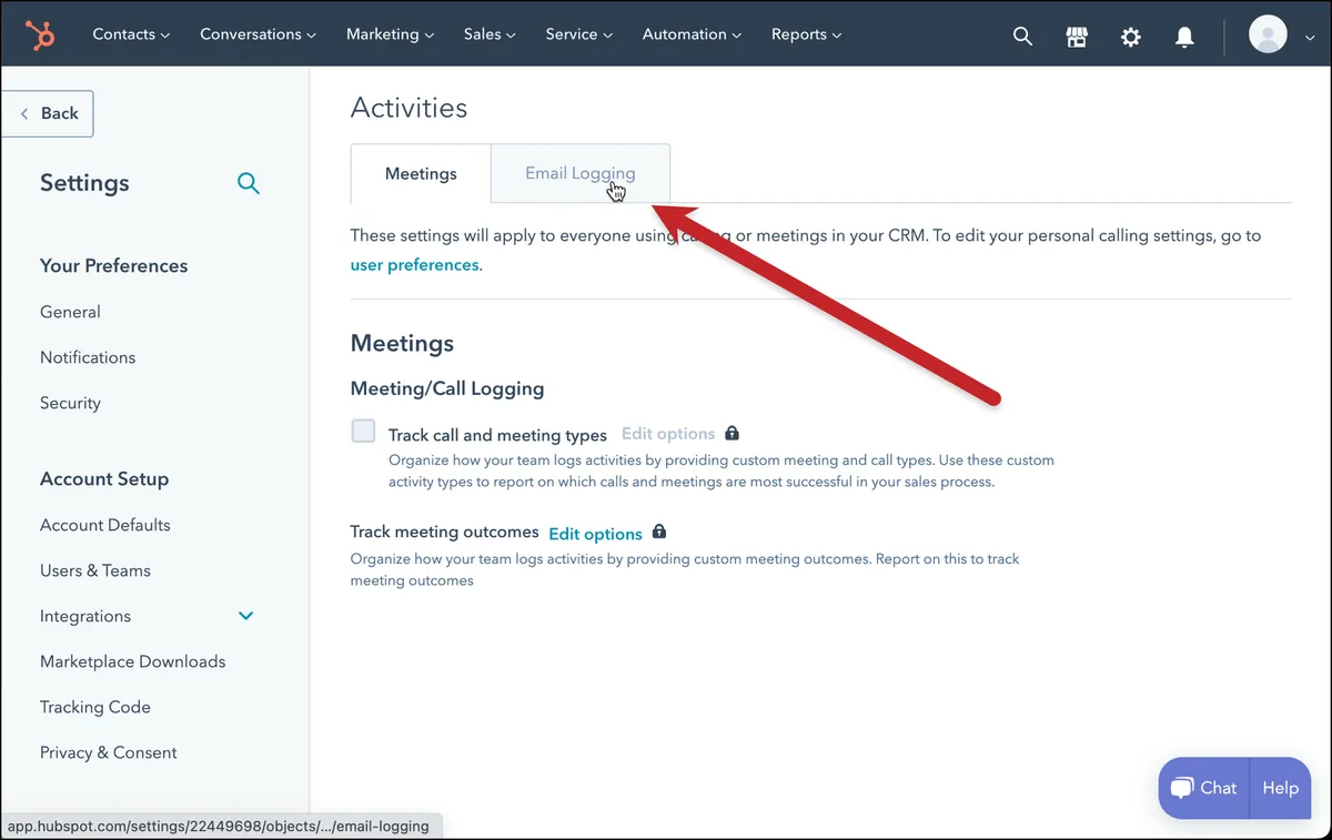 Hubspot's email logging tab