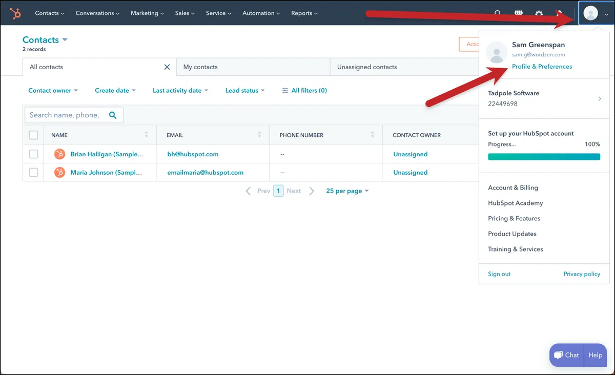 The Hubspot menu
