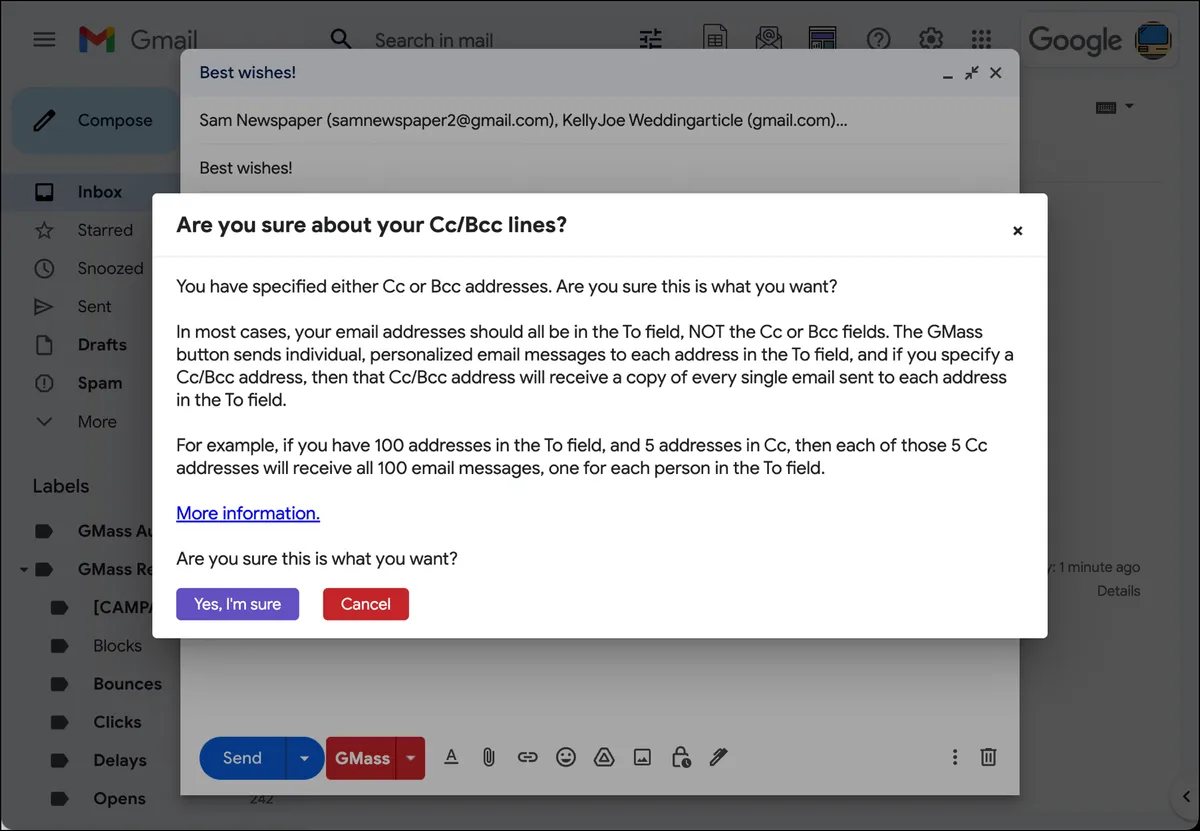 The BCC warning from GMass