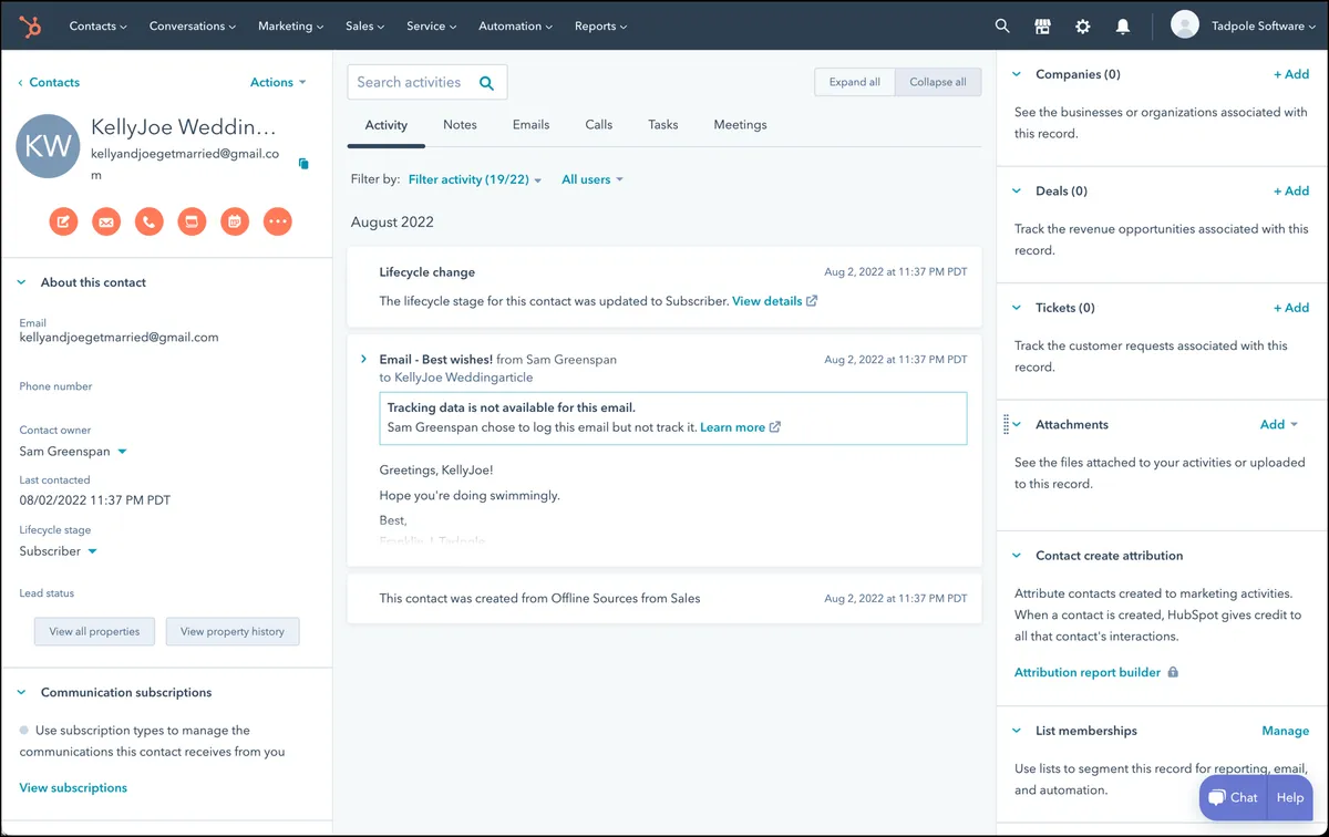 Viewing the contact in Hubspot