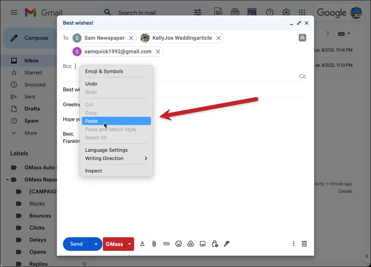 Paste your Hubspot BCC email in GMass