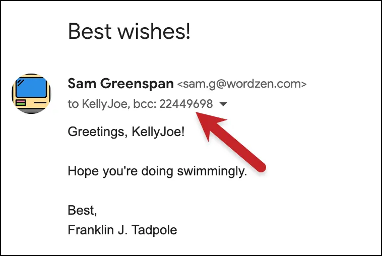 A sent email with the BCC