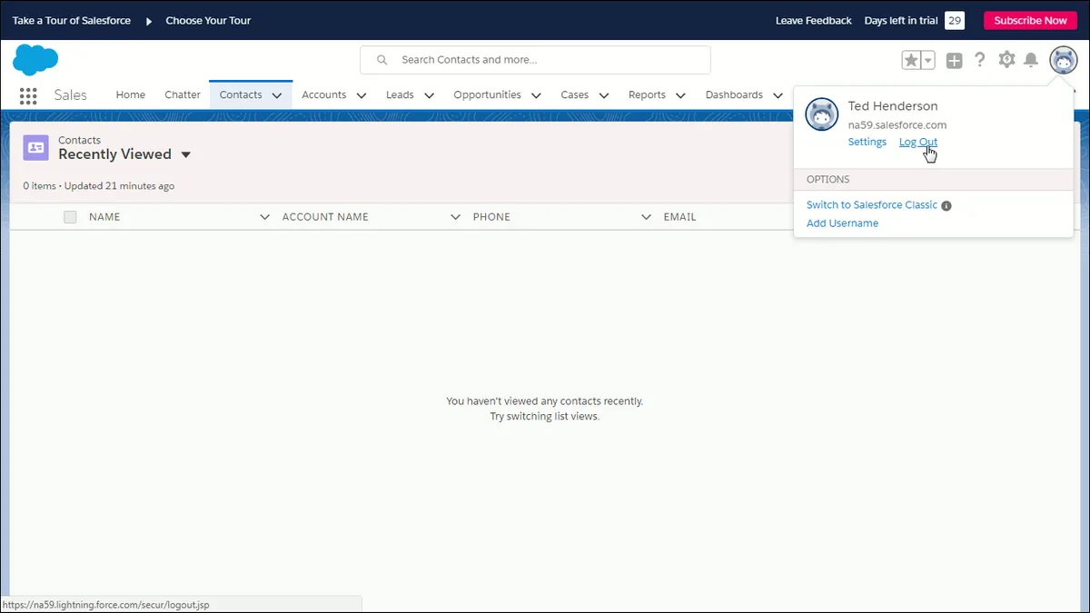 Shows user about to log out of Salesforce.