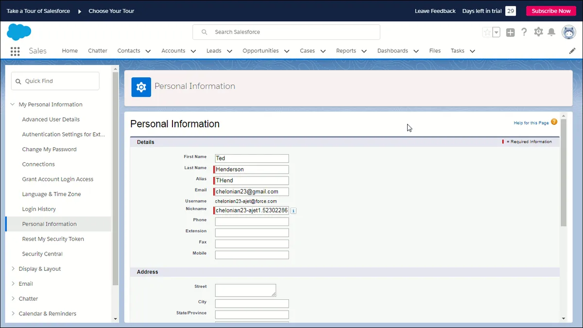 Showing Personal Information page and the left side menu we will need in the next step.
