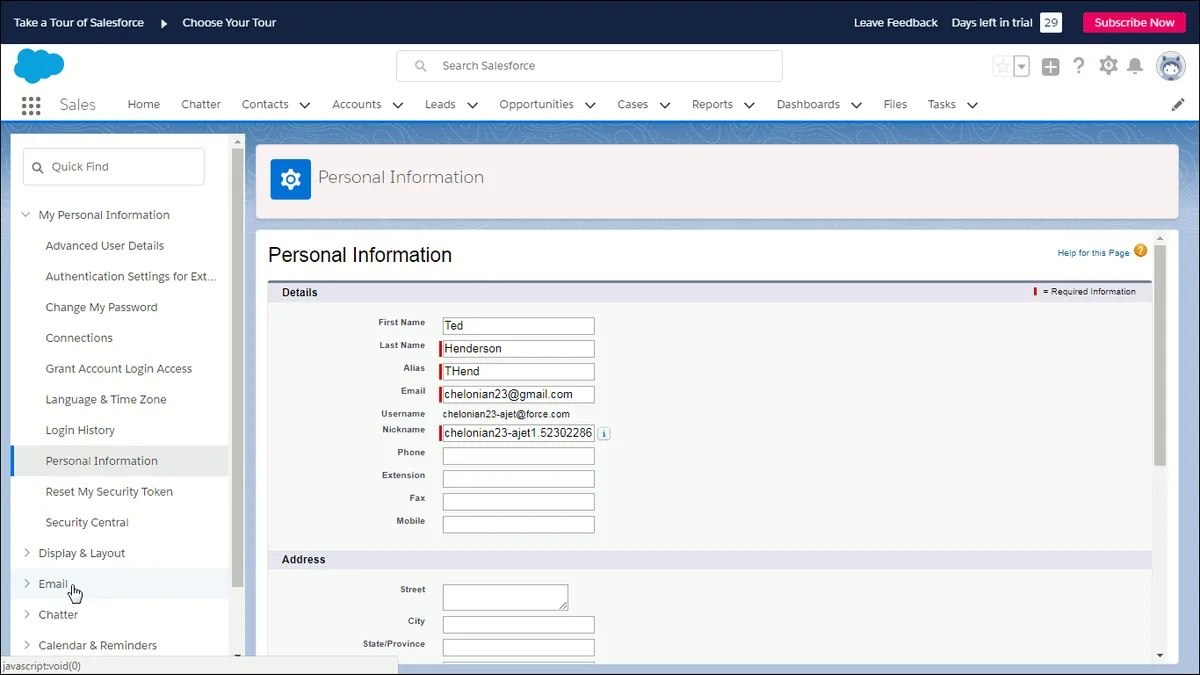 Showing user about to click Email menu option from side menu in User Settings.