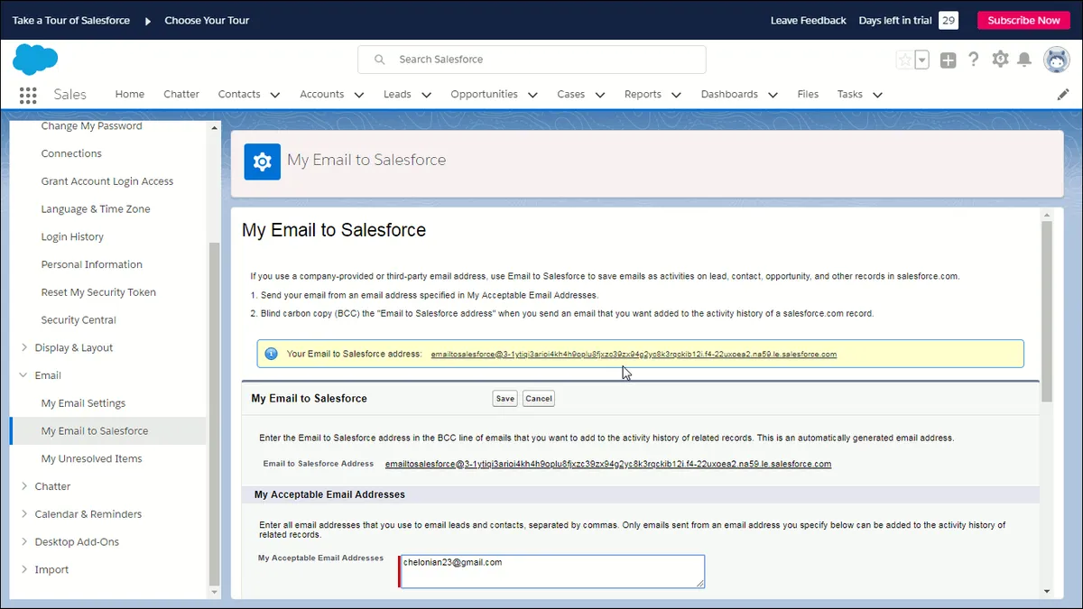 Shows the My Email to Salesforce page.