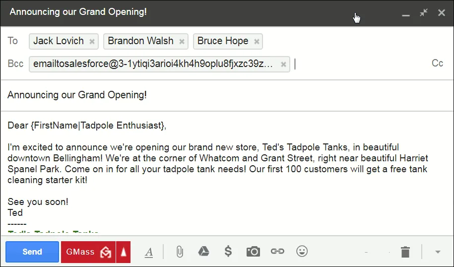 Gmail compose window with email ready to go out, including BCC to My Email to Salesforce address.