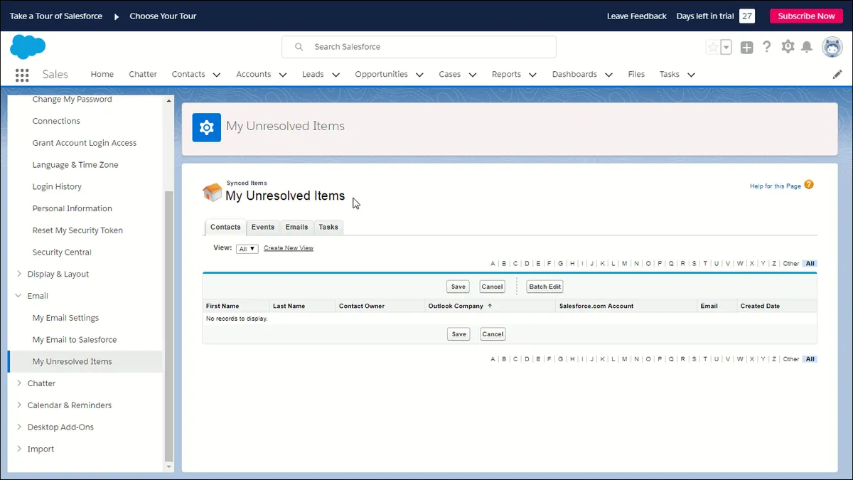 Showing The Salesforce "My Unresolved Items" page, under Settings.