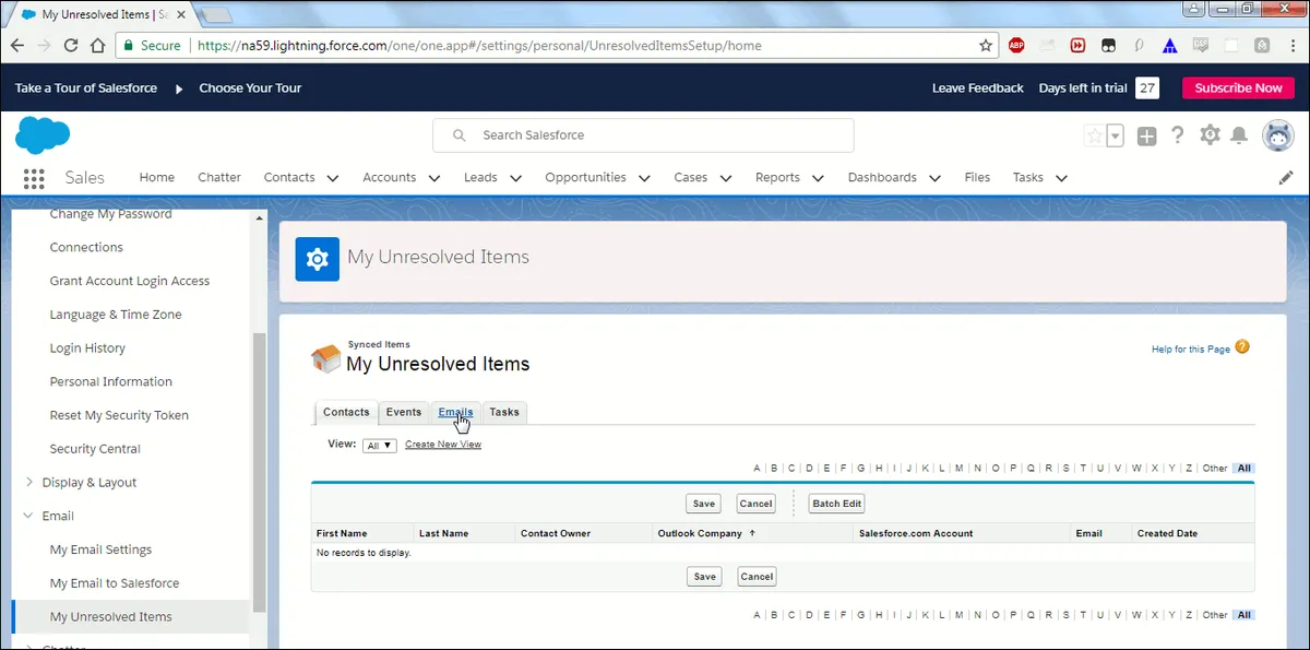 About to click Emails tab in the My Unresolved Items page.