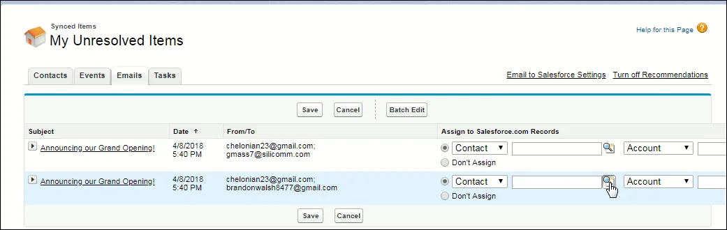 ABout to click magnifying glass button in My Unresolved Items > Emails page.