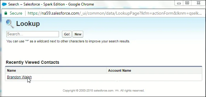 About to click Contact name in the Lookup window.