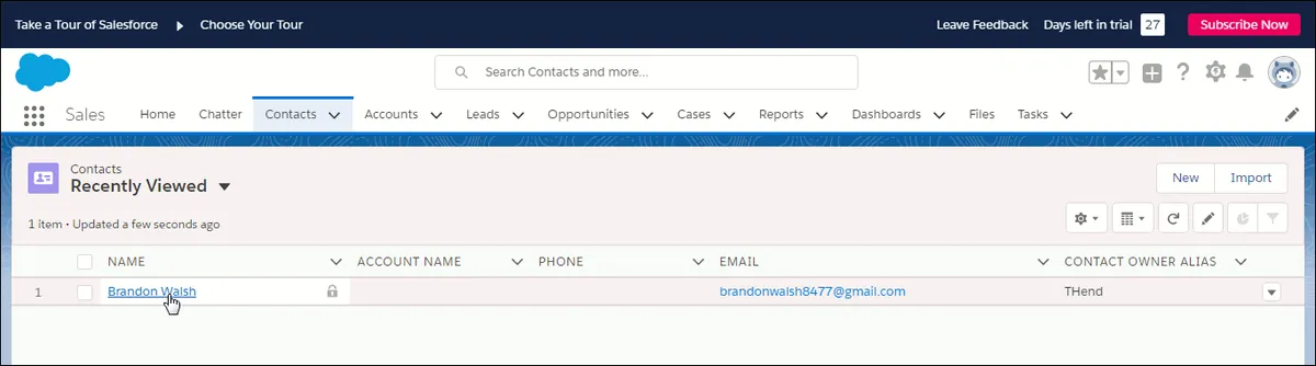 Showing about to click Brandon Walsh link within Contacts.
