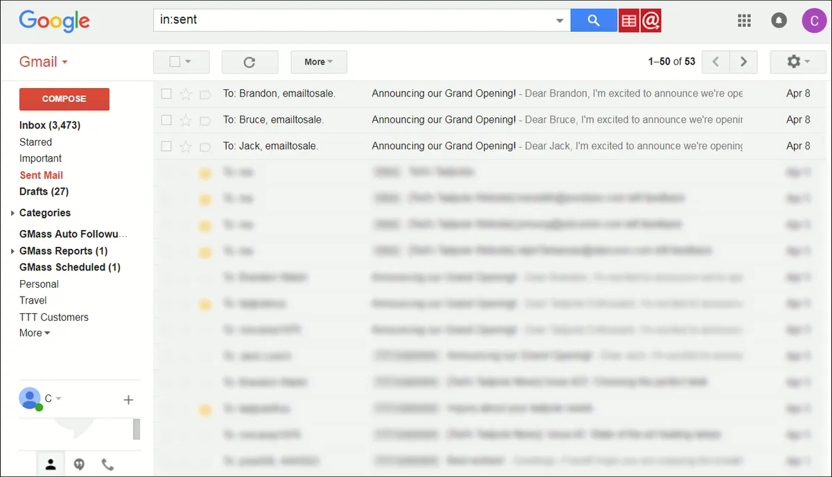 Gmail window showing three emails to customers and BCC to My Email to Salesforce address.