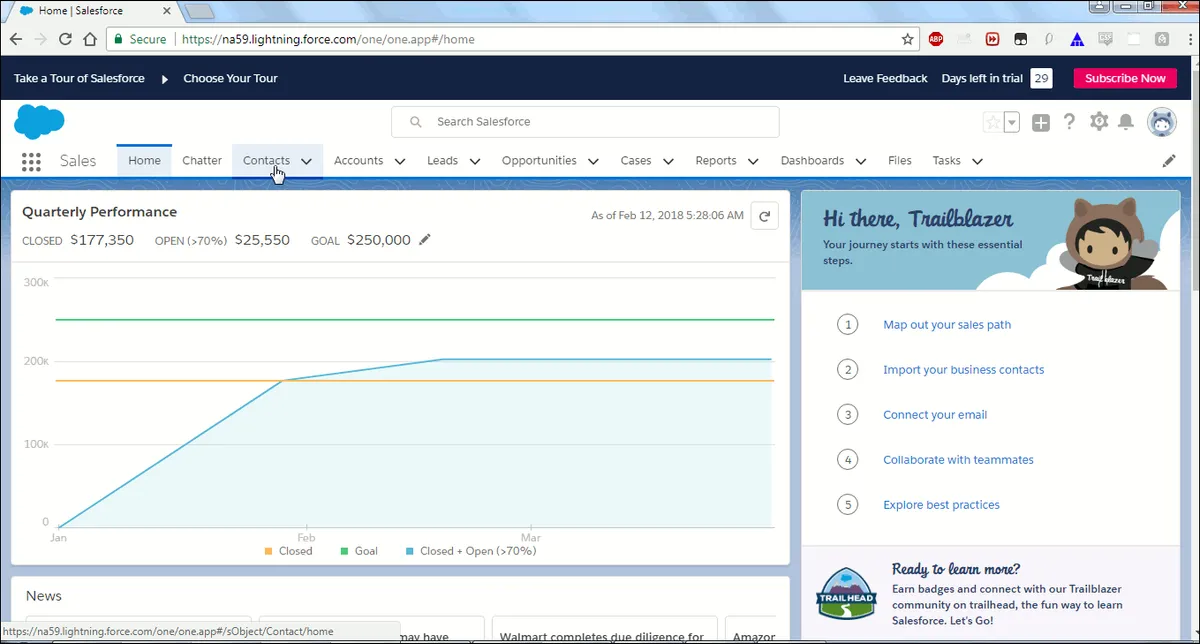 Salesforce main page, showing clicking on Contacts.