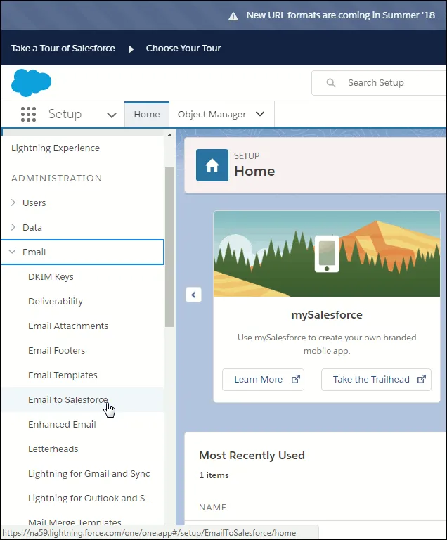 Side menu of Setup page shown with Email option clicked to reveal a dropdown menu.