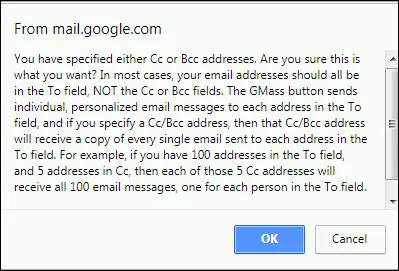 Showing BCC Warning popup from GMass.