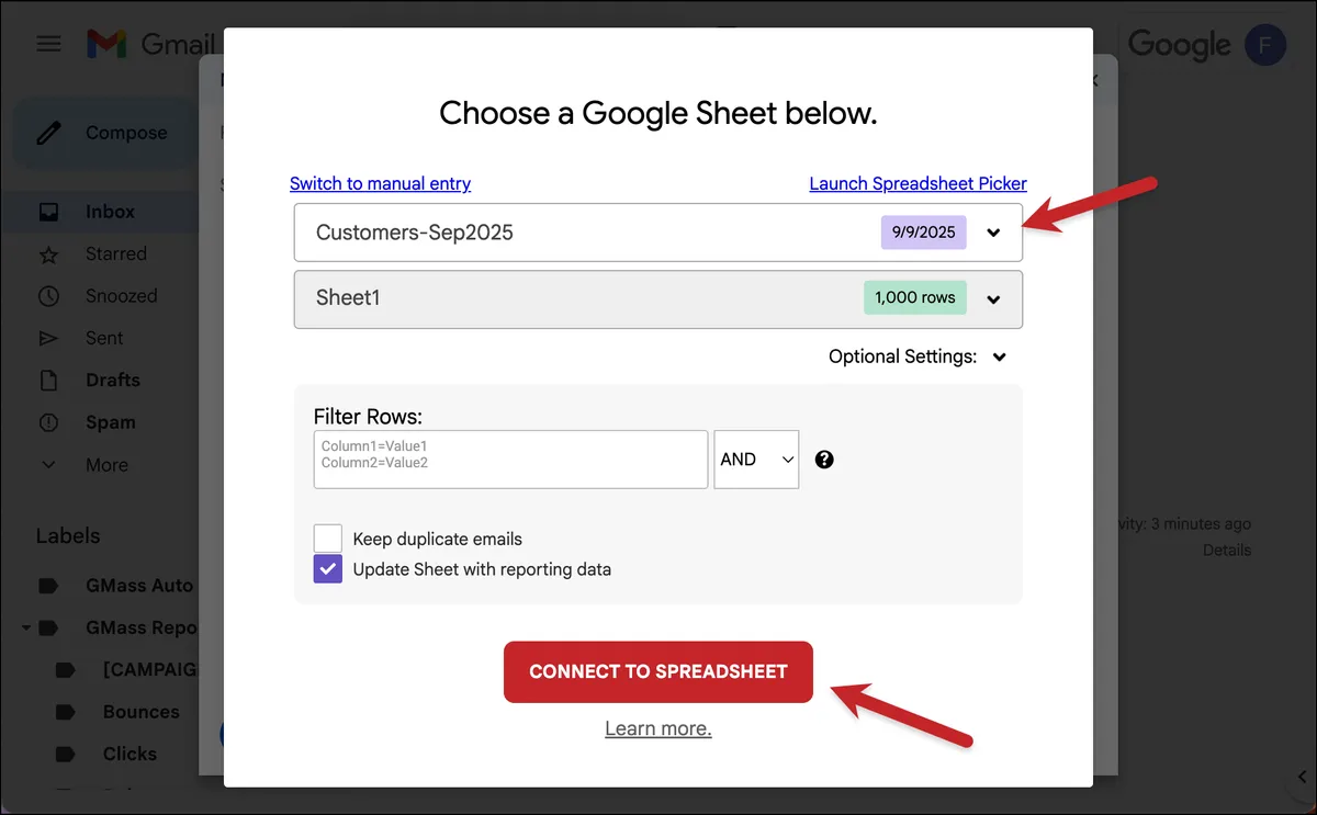 Choose your Google Sheet from the dropdown