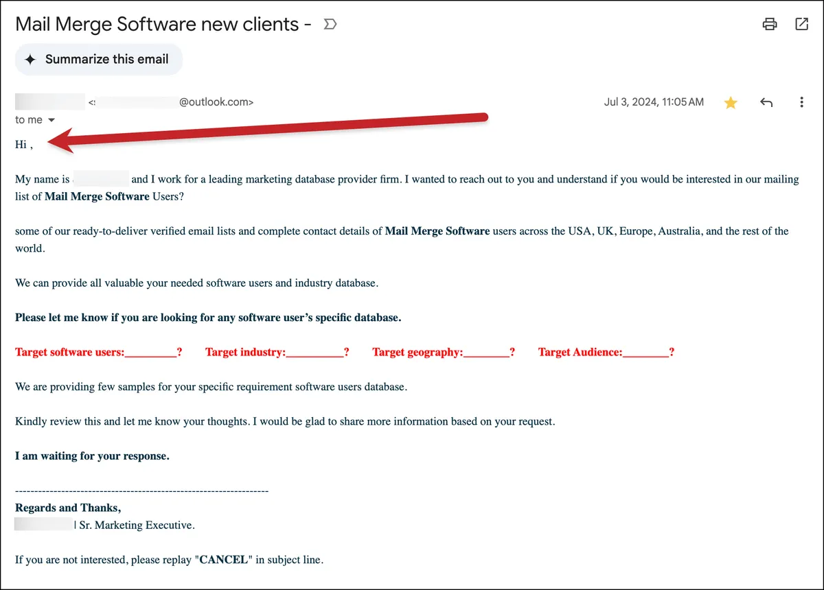 Missing mail merge information