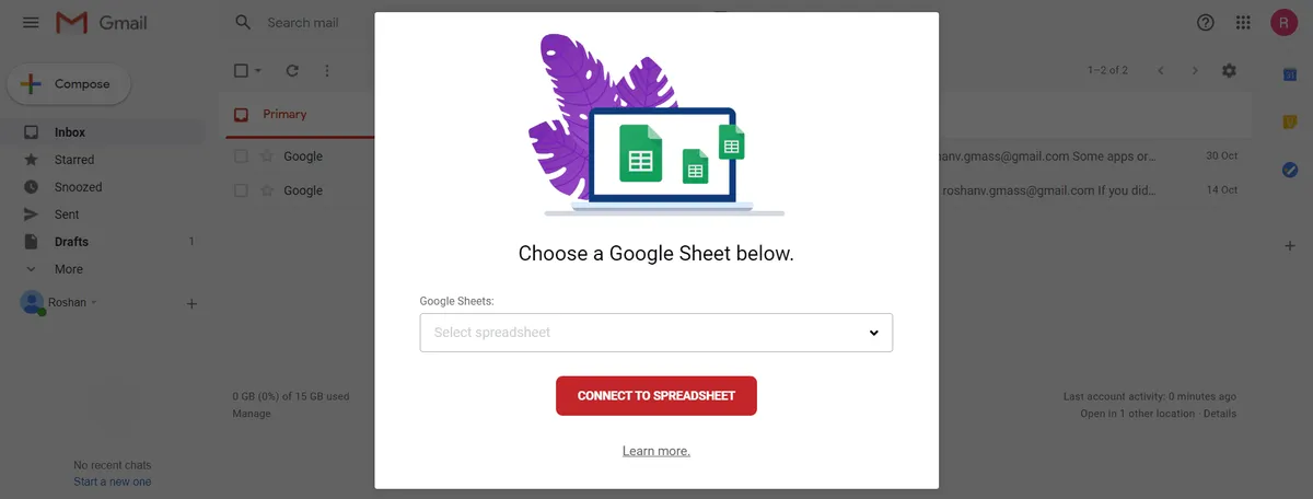 shows the GMass-GSheets connection window