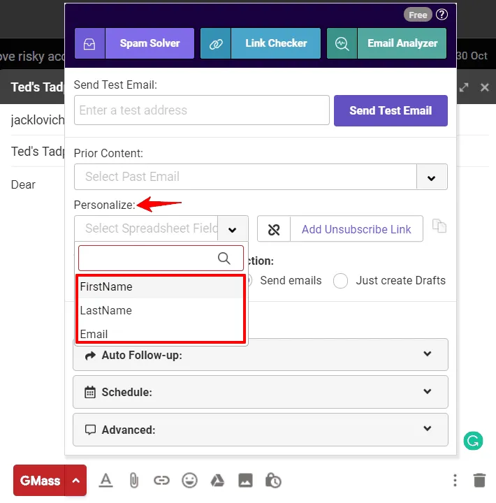 shows the GMass personalization settings