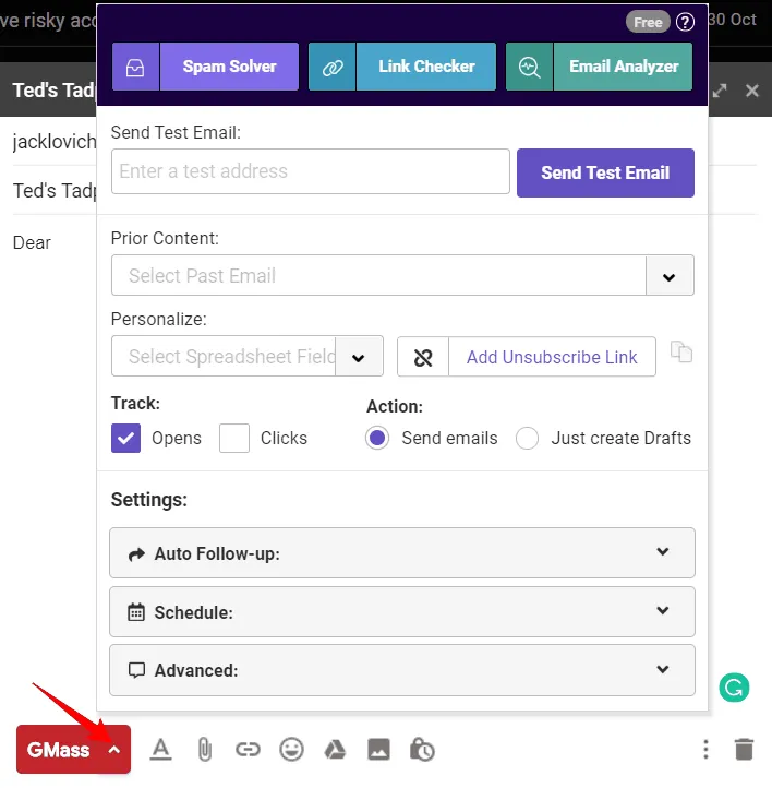 shows the GMass settings window