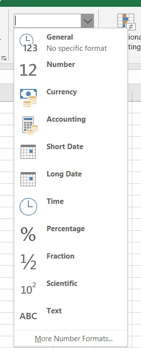 shows the various number formats in excel