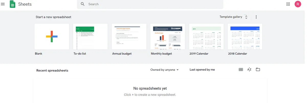 shows the Google Sheets webpage