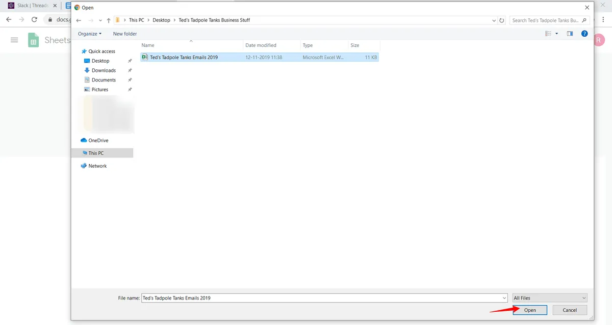 shows how to open an excel file into GSheets