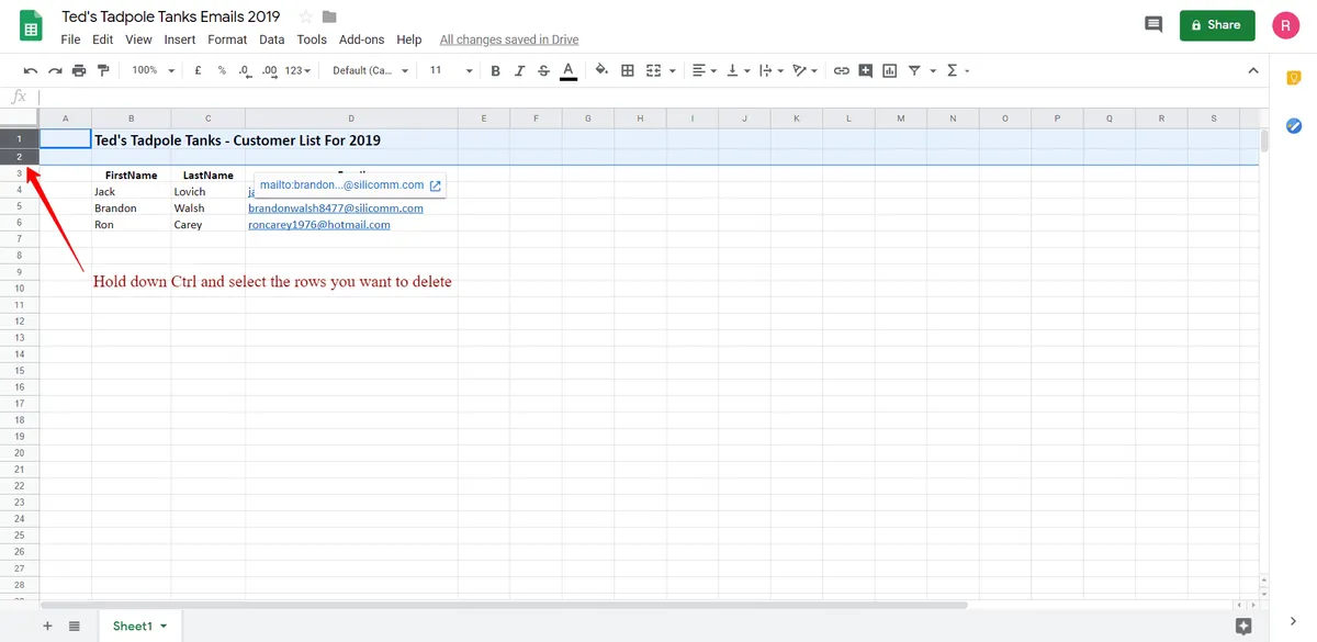 shows the rows to be deleted from a GSheet