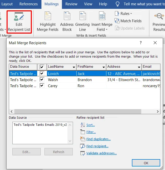 shows the Edit Recipient window in word