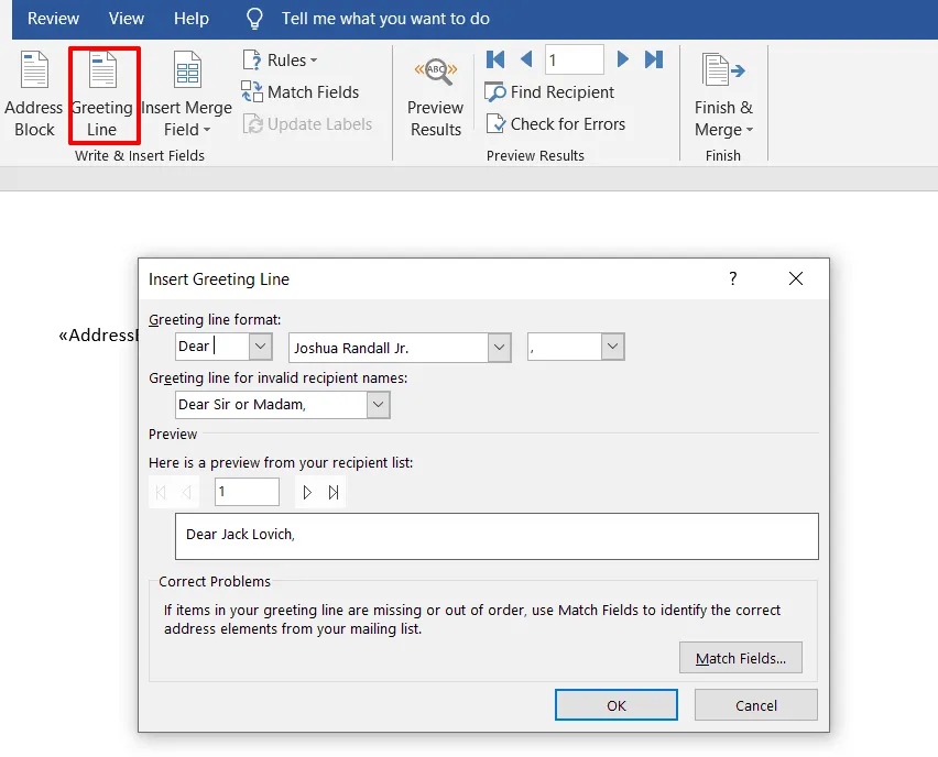 shows the Insert Greeting Line window in word
