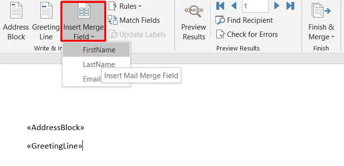shows the insert other fields menu in word