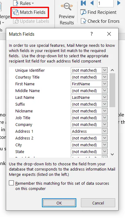 shows the Match Fields window in word