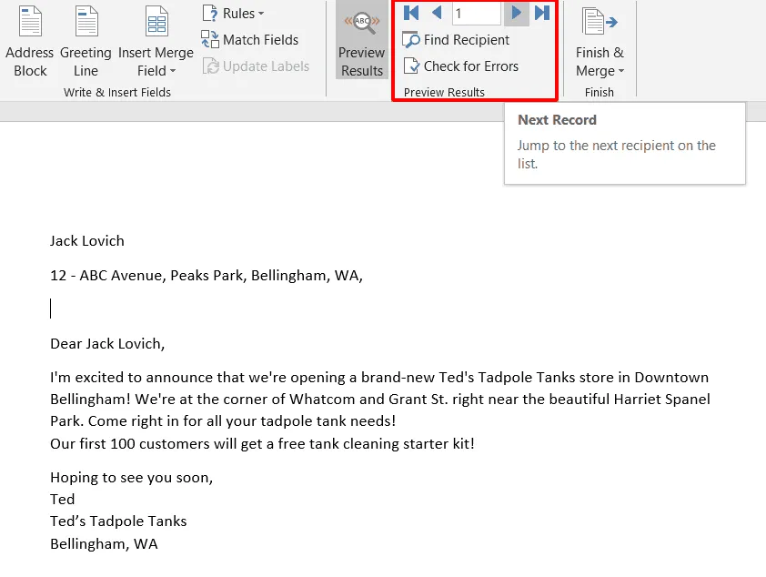 shows the settings to used to preview the document for each contact