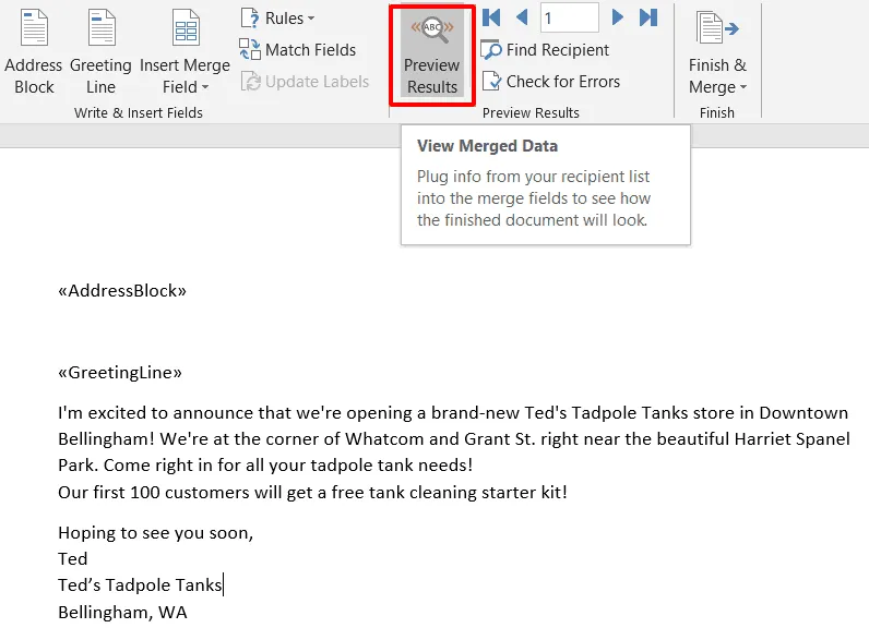 shows the Preview Results menu in word