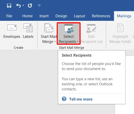 shows the Select Recipients tab in word