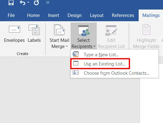 shows the select recipients menu in word