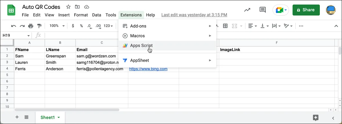 Select Apps Script from the Extensions menu