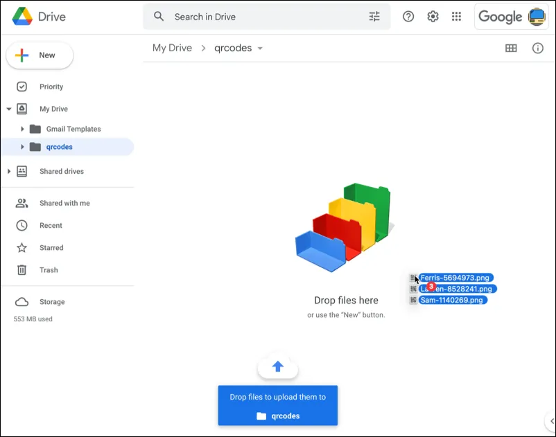 Drag in the mail merge QR codes to Google Drive